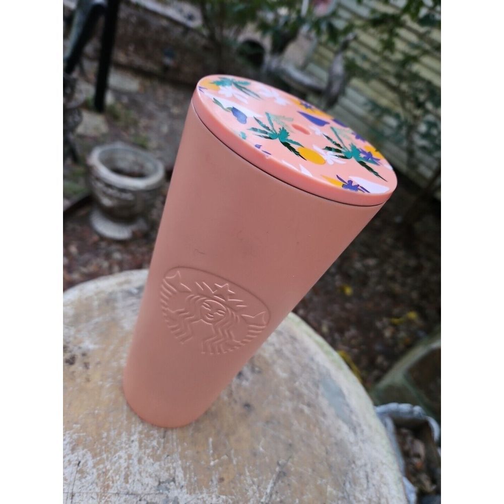 Starbucks Summer Coral Tumbler TROPICAL PALM TREE LID Cold Cup 24oz Venti